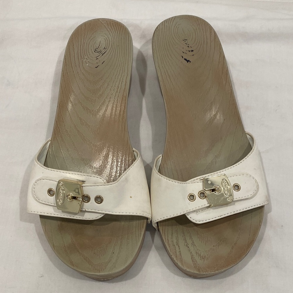 Women's White Slip-On Sandals with Gold Buckle
